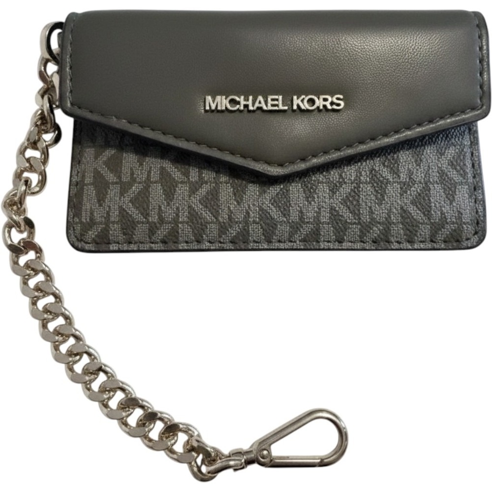 Michael Kors Grey Monogram Card Holder Envelope Wallet with Silver Chain Link